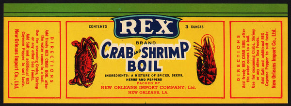 Vintage label REX BRAND Crab and Shrimp Boil New Orleans Louisiana new old stock