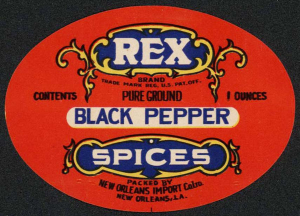 Vintage label REX SPICES Black Pepper 1oz oval shape New Orleans Louisiana n-mint+
