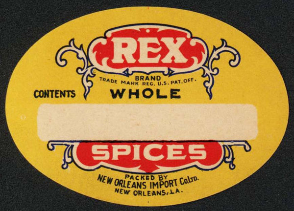 Vintage label REX WHOLE SPICES small oval New Orleans Import Louisiana n-mint+