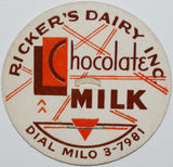 Vintage milk bottle cap RICKERS DAIRY Chocolate Milk Dial Milo 3-7981 Maine