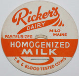Vintage milk bottle cap RICKERS DAIRY Homogenized Milk orange Milo Maine unused