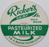 Vintage milk bottle cap RICKERS DAIRY Pasteurized Milk Milo Maine new old stock