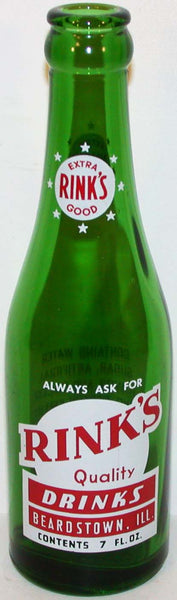 Vintage soda pop bottle RINKS DRINKS 7oz green glass 1961 Beardstown ILL n-mint