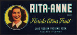 Vintage label RITA-ANNE Florida Citrus Fruit Lake Region Packing Tavares n-mint+