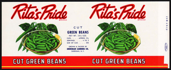 Vintage label RITAS PRIDE Cut Green Beans pictured Sheridan Canning New York