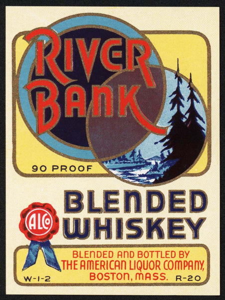 Vintage label RIVER BANK Blended Whiskey American Liquor Co Boston Mass n-mint+