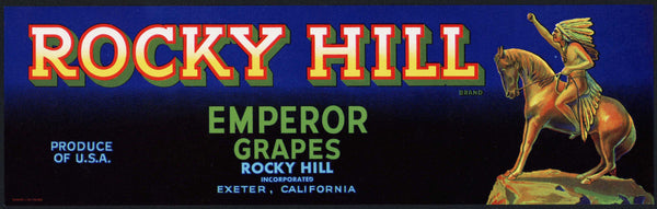 Vintage label ROCKY HILL Emperor Grapes indian on horse pictured Exeter California