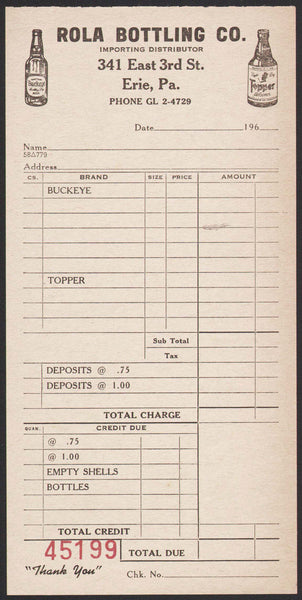 Vintage receipt ROLA BOTTLING CO Erie PA Buckeye and Topper Beer bottles picture