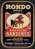 Vintage label RONDO American Sardines man playing piano Sunset West Pembroke ME