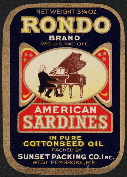 Vintage label RONDO American Sardines man playing piano Sunset West Pembroke ME