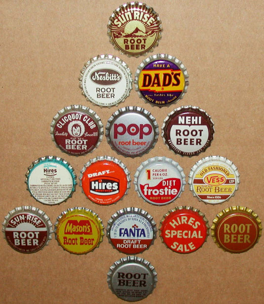 Vintage soda pop bottle caps ROOT BEER FLAVORS Lot of 16 different new old stock