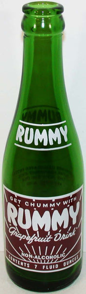 Vintage soda pop bottle RUMMY Grapefruit Drink dated 1963 7oz green glass n-mint