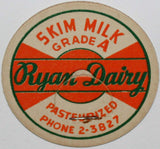 Vintage milk bottle cap RYAN DAIRY Skim Milk St Joseph Missouri new old stock
