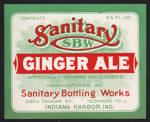 Vintage soda pop bottle label SANITARY GINGER ALE 24oz Indiana Harbor n-mint+