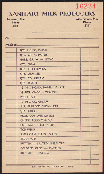 Vintage receipt SANITARY MILK PRODUCERS Lebanon Mountain Grove Missouri n-mint+