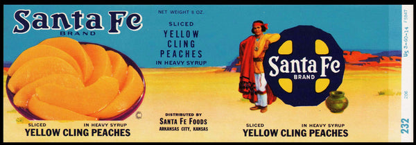 Vintage label SANTA FE Cling Peaches railroad indian logo Arkansas City Kansas