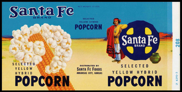 Vintage label SANTA FE Popcorn picture railroad indian logo Arkansas City Kansas