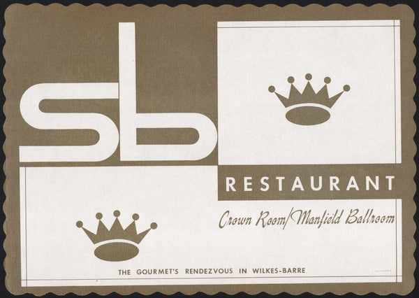 Vintage placemat S B RESTAURANT Crown Room Manfield Ballroom Wilkes Barre PA