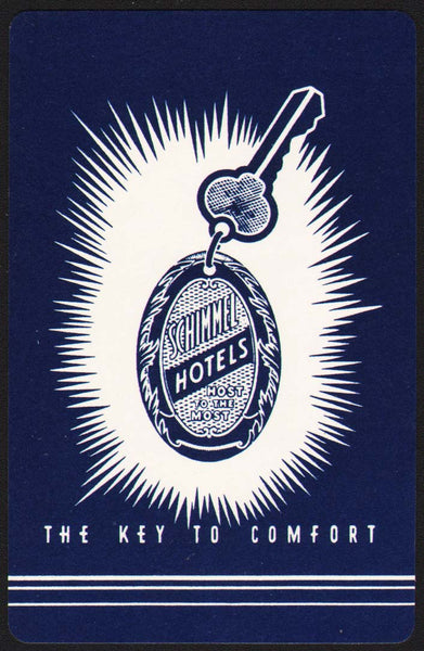 Vintage playing card SCHIMMEL HOTELS blue background Omaha NE Wichita KS Quincy ILL
