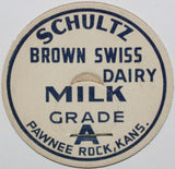 Vintage milk bottle cap SCHULTZ BROWN SWISS DAIRY Pawnee Rock Kansas unused
