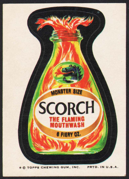 Vintage Topps Wacky Packages original sticker tan back SCORCH Flaming Mouthwash