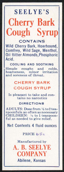 Vintage label SEELYES Cherry Bark Cough Syrup Abilene Kansas new old stock n-mint+