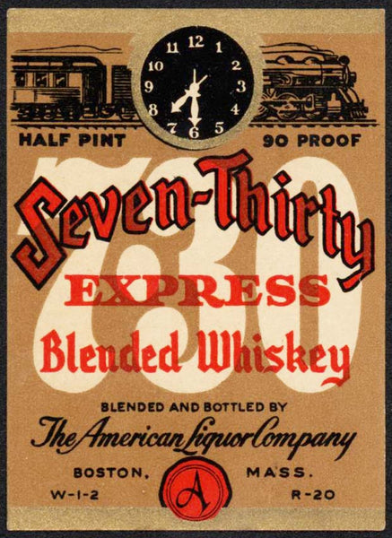 Vintage label SEVEN THIRTY Express Whiskey train pictured American Liquor Boston