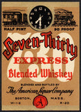 Vintage label SEVEN THIRTY Express Whiskey train pictured American Liquor Boston