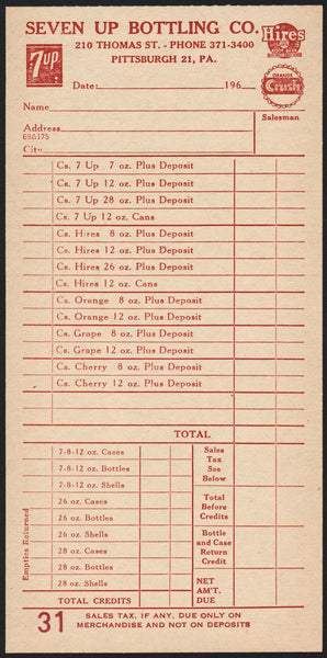 Vintage receipt SEVEN UP BOTTLING Hires Root Beer Orange Crush 1960s Pittsburgh