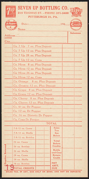 Vintage receipt SEVEN UP BOTTLING Hires Root Beer Crush Dr Pepper Pittsburgh PA