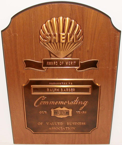 Vintage sign SHELL gas oil Award of Merit wood and metal 30 Years Ralph Barber
