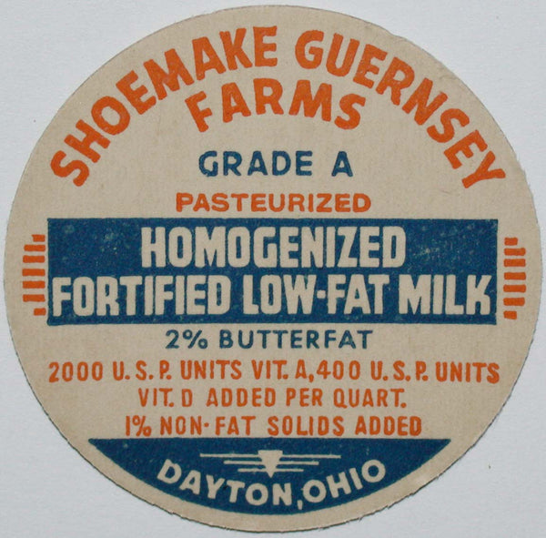 Vintage milk bottle cap SHOEMAKE GUERNSEY FARMS Low Fat Milk Dayton Ohio unused