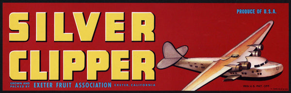 Vintage label SILVER CLIPPER plane pictured Exeter Fruit Assn California n-mint+