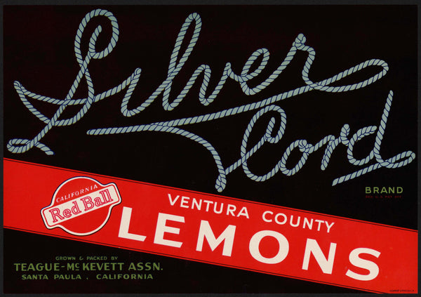 Vintage label SILVER CORD Red Ball Lemons Teague McKevett Santa Paula California