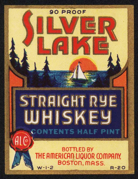 Vintage label SILVER LAKE Straight Rye Whiskey boat on the water American Boston