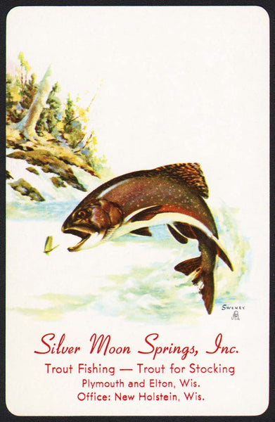 Vintage playing card SILVER MOON SPRINGS Trout Fishing Sweney Plymouth Elton Wis