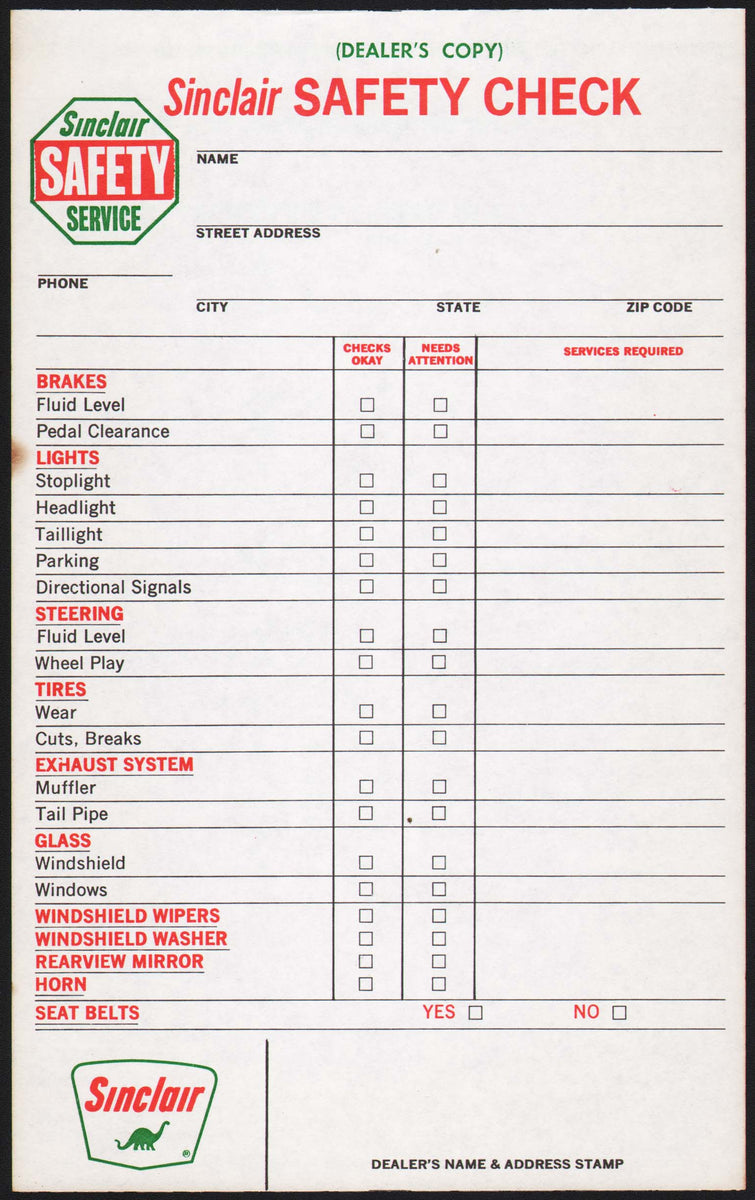 Vintage receipt SINCLAIR SAFETY CHECK gas oil Dino logo unused new old ...