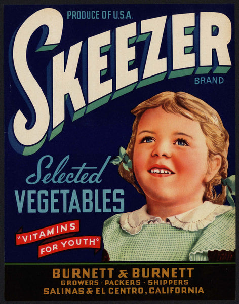 Vintage label SKEEZER Vegetables girl pictured Burnett Salinas El Centro California