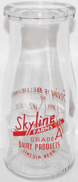 Vintage milk bottle SKYLINE FARMS CO Dairy pyro half pint 1963 Lincoln Nebraska