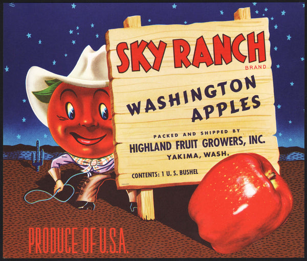 Vintage label SKY RANCH Apples cartoon apple cowboy Highland Yakima Washington