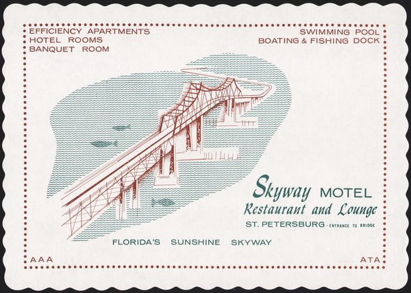 Vintage placemat SKYWAY MOTEL Restaurant and Lounge bridge St Petersburg Florida