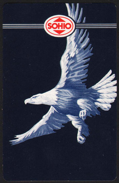 Vintage playing card SOHIO with a blue background picturing the flying bald eagle