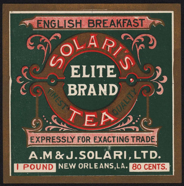 Vintage label SOLARIS TEA English Breakfast New Orleans Louisiana unused n-mint+