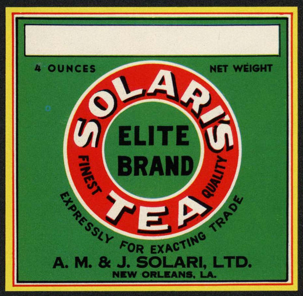 Vintage label SOLARIS TEA Elite Brand 4oz size New Orleans LA unused n-mint+