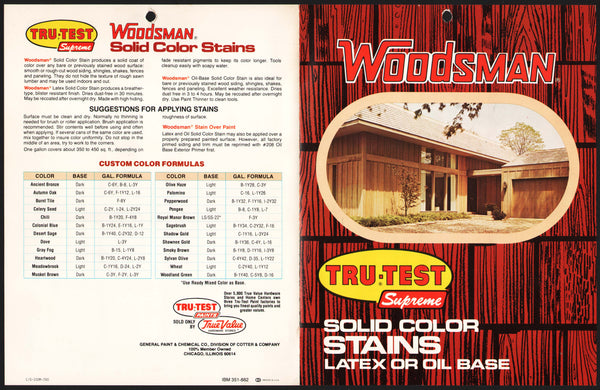 Vintage brochure TRU-TEST SUPREME Woodsman Solid Color Stains with chips n-mint