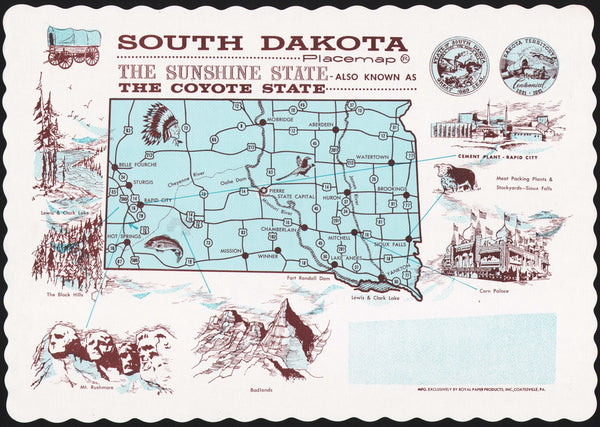 Vintage placemat SOUTH DAKOTA The Sunshine Coyote State map Mt Rushmore pictured