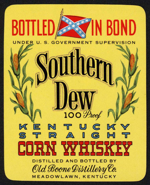Vintage label SOUTHERN DEW Corn Whiskey flag pictured Meadowlawn Kentucky n-mint+