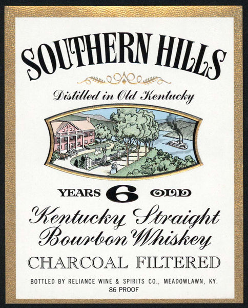Vintage label SOUTHERN HILLS Kentucky Whiskey steamboat Reliance Wine Meadowlawn