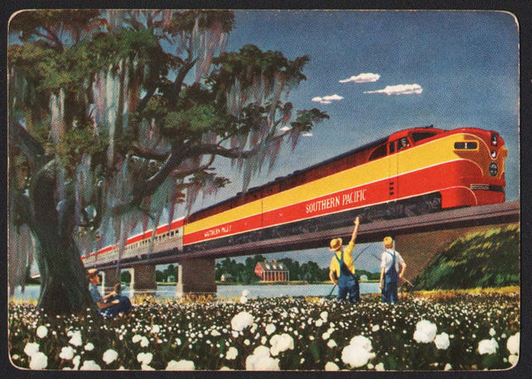 Vintage playing card SOUTHERN PACIFIC railroad train passing cotton field picture
