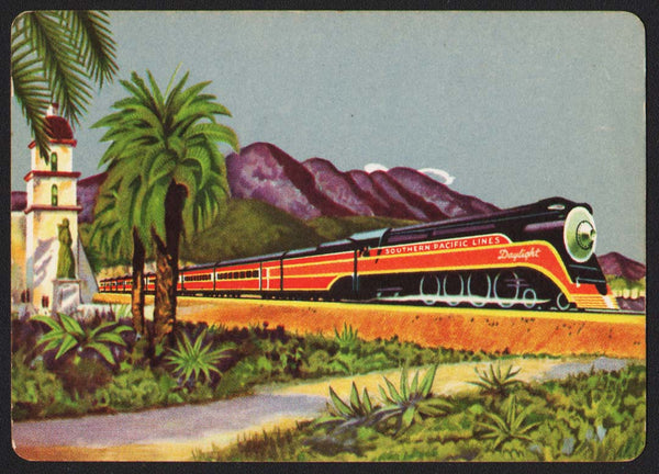 Vintage playing card SOUTHERN PACIFIC LINES Daylight train passing old mission